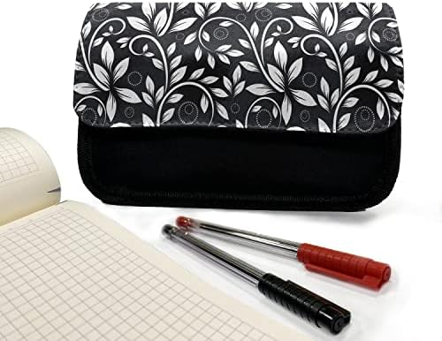 Caixa de lápis de folhas lunaráveis, galhos botânicos em redemoinhos, bolsa de lápis de caneta com zíper duplo, 8,5 x 5,5, cinza preto e branco