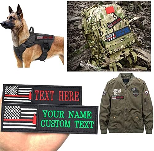 2 PCs Nome personalizado Patch- Finga linha vermelha Bandeira americana Bordado com machado de bombeiro, saco de colete de mochila militar tático Patches de velcro ou ferro no tamanho 4''x1.2 ''