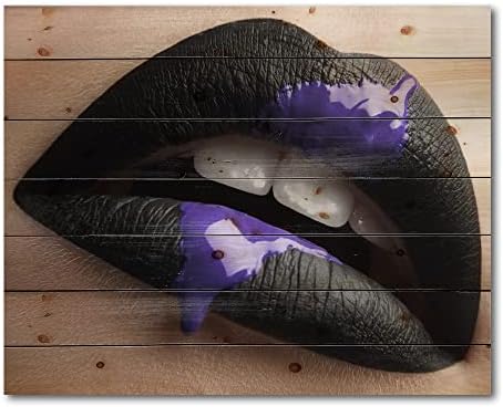 Designq Lábios femininos com batom preto e tinta roxa Decoração de parede de madeira moderna e contemporânea, arte de parede de madeira