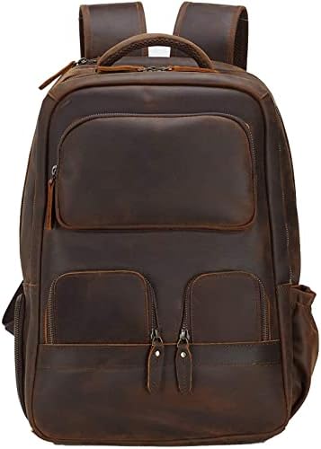 Masa Kawa Full Grein Leather 15,6 polegadas Laptop Mochila para homens Vintage Bolsa de mochila de viagens de negócios grande durante a noite Daypack, Brown