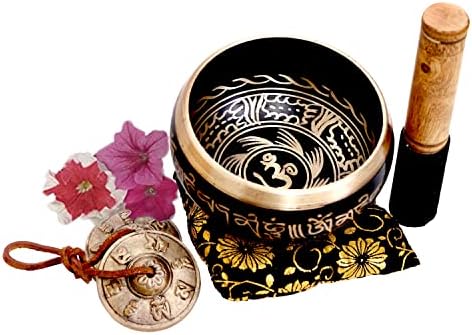 Grande 5 polegadas Tibetan Peace Mind Sound Singing Bowl Tingsha Cymbals Conjunto - com martelo e almofada, presentes adicionais no interior - para ioga, meditação com latão mazira grátis