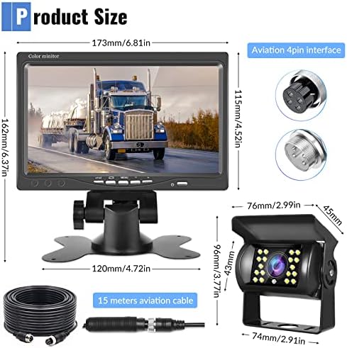 Câmera de backup para caminhão RV, monitor HD LCD de 7 polegadas, linha de guia IP69 à prova d'água e ajustável, Visão noturna