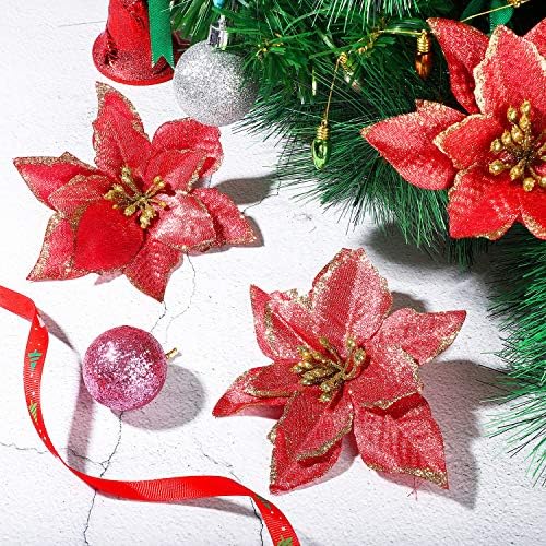 Willbond 24 peças 6 polegadas de Natal Glitter Poinsettia Flores decorativas Flores falsas para ornamentos de árvore de Natal