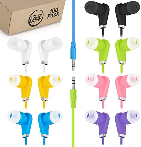JustJamz Bedbuds Bits Bits, 100 pacote de fones de ouvido coloridos, fones de ouvido estéreo de 3,5 mm, fones de ouvido a granel,