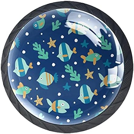 Gaveta redonda de tyuhaw puxões de peixes de peixes padrão de alcance da alcance da vida oceano impressão com parafusos para armários de cômodas de casa porta da cozinha gaveta de mesa banheiro 4pcs