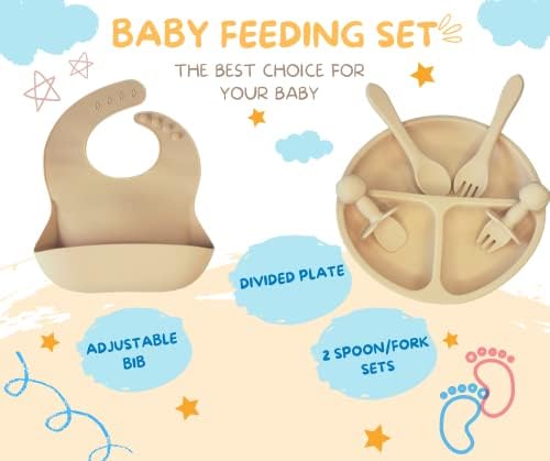 Conjunto de alimentação de silicone para bebês, utensílios de criança de primeira etapa - 8 em 1 - com babador,
