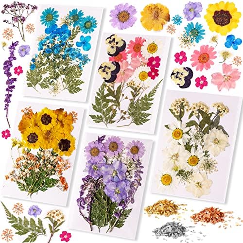 Let's Resina Flores secas para resina, 115pcs Flores secas naturais folhas folhas pétalas, 3 cores flocos de papel alumínio, flores