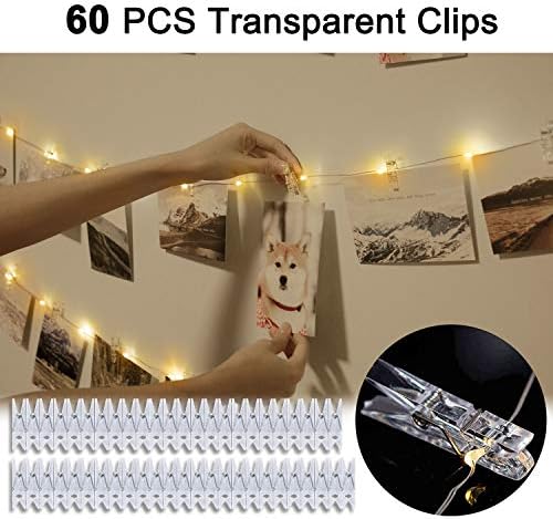 Luzes de corda de clipe de foto - 33ft 100 LED BATERAGEM LUZES DE FAIRA OPERATIVA com 60 clipes transparentes para pendurar