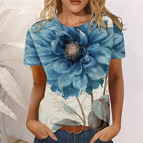 Camiseta feminina Manga curta Crewneck Boat Narp algodão tinta gráfica pintura impressão Blusa de brunch floral camiseta senhoras