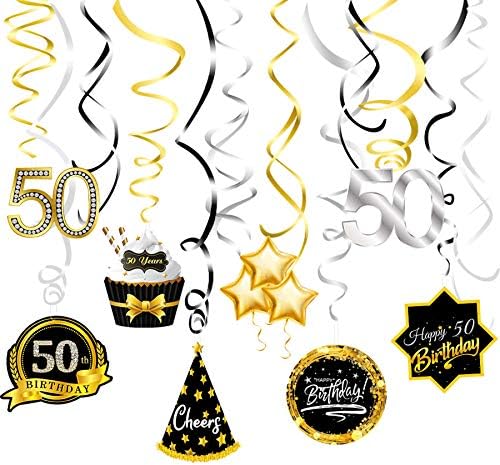 50 Aniversário Decoração teto pendurado redemoinhos prateados pretos e dourados, feliz aniversário de 50 anos Folhas de redemoinho,