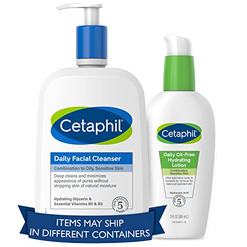 Pacote Cetaphil - Cleanser facial diário para combinação sensível a pele oleosa nova 20 oz e loção hidratante diária para rosto, com ácido hialurônico, 3 oz