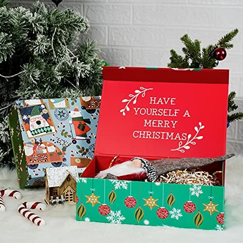 WAPAHOLIC 1 PCS Caixa de presente de Natal com tampa - 14x9x4,3 polegadas Red e verde Ornamentos de Natal Caixa de presente, caixa de presente dobrável com fechamento magnético e 2 PCS papel de papel