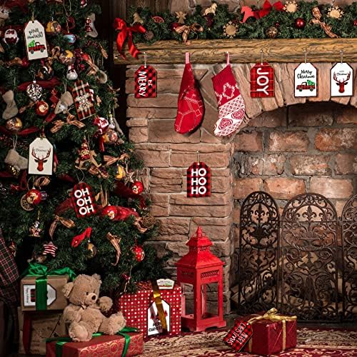 60 peças de Natal etiquetas de madeira rótulos de madeira búfalo xadrez de árvore de natal rústico desejos de Natal tags de férias etiqueta de artesanato vintage com cordas de juta para decoração de natal, 3 x 2 polegadas