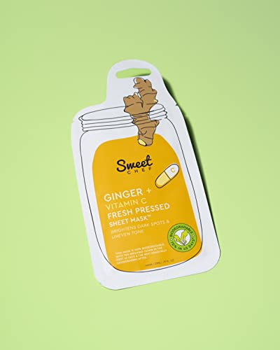 Sweet Chef Ginger + Vitamina C máscaras de folha de beleza frescas - biodegradáveis ​​- iluminar manchas escuras e tom de pele irregular - máscaras faciais veganas de cuidados com a pele natural - para uma pele brilhante - 5 pacote
