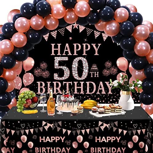 TRGOWAUL 50º aniversário Decorações para mulheres, Rose Gold Happy 50 Birthday Banner, 2 PCs Feliz Aniversário Trupa de Table