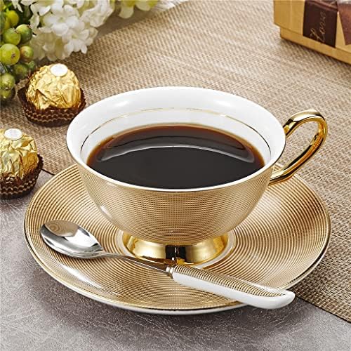 Zhuhw Gold Stripe European Bone China porcelana Copa de café de alta grau Cerâmica de chá de chá da tarde com pires e colher