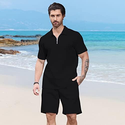 Aulemen Mens 2 peças Zip Ruito curto Camisa de pólo e shorts de manga curta Conjunta roupas de verão para homens
