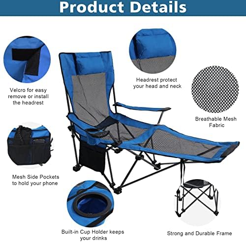 Cadeira de acampamento reclinável dobrável abccanpy cadeira de acampamento portátil com apoio de pé, bolsa de armazenamento e apoio de cabeça, 4 pacotes, azul royal