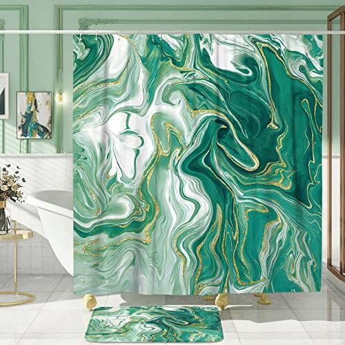 Desihom 3pcs conjuntos de banheiros de mármore verde com cortina de chuveiro e tapetes, tapete de banho sem deslizamento
