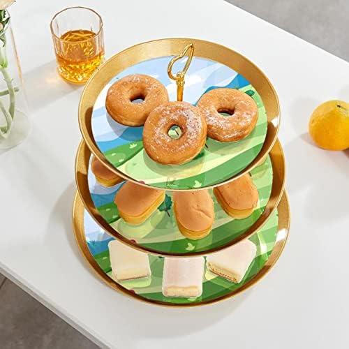 3 Placa de fruta de cupcakes de 3 camadas de sobremesa Plástico para servir suporte de exibição para casamento de aniversário Decorações de chá de chá de chá de bebê redondo, paisagem verde da primavera