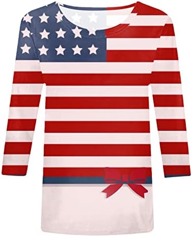 4 de julho Camisas para mulheres American Flag Summer 3/4 Sleeve Crew pescoço camisetas de três quartos de férias de
