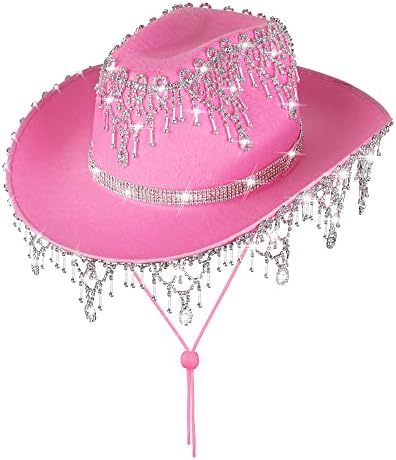 MGUPZAO Pink Novelty Cowboy Hat com borla de comprimentos variados e design de diamantes artificiais, acessórios para figurinos