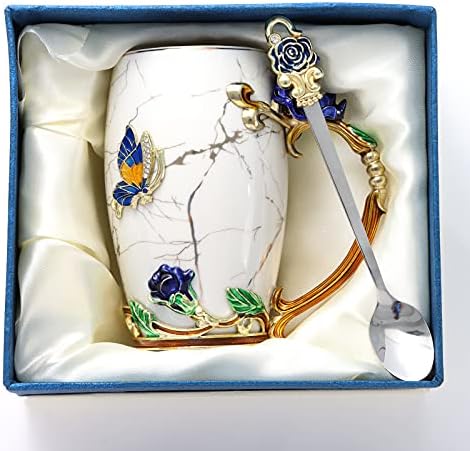 Caneca de flor de borboleta de mármore Osati - presentes para mulheres casamento de aniversário - design exclusivo com colher -