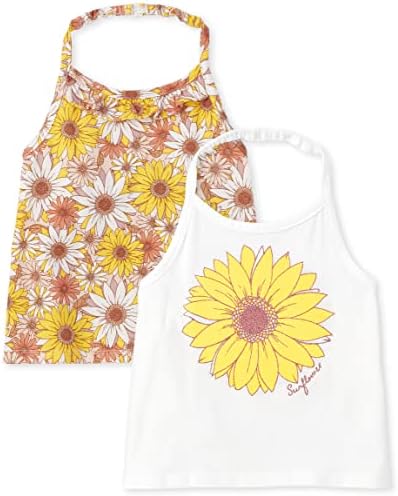 The Children's Place Baby Toddler Girls Sleeseless Halter Top Top, Ace Floral/Sunflower 2-Pack, 5T