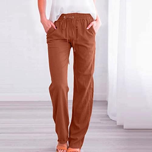 Calças de linho de algodão casual de verão para mulheres calças de perna larga com bolsos soltos Fit Pure Color Ponts de perna
