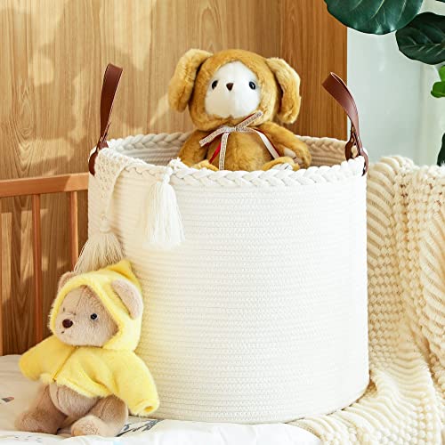 Kakamay grande cesta de cobertores de corda de algodão, cesto de lavanderia para bebês, cesto de cobertor para viveiro, lavanderia, sala de estar, travesseiros, brinquedos com alças （branco/bege)