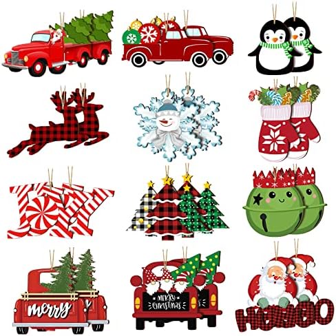 24 PCs Ornamentos de madeira de Natal Decorações de caminhões vermelhos de árvore de natal artesanato de madeira letra de caminhão Decorações de Natal Decors rústico de fazenda de Natal para natal para Natal