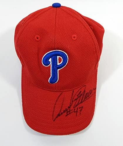 1999-05 Philadelphia Phillies Amaury Telemaco #47 Game usado SIGN Red Hat BP Sm 6 - Jogo usado MLB HATS