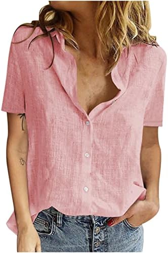 Camisetas de linho de algodão feminino, manga curta casual Tops de cor sólida Button V Neck Cardigan Tees Summer Blouse