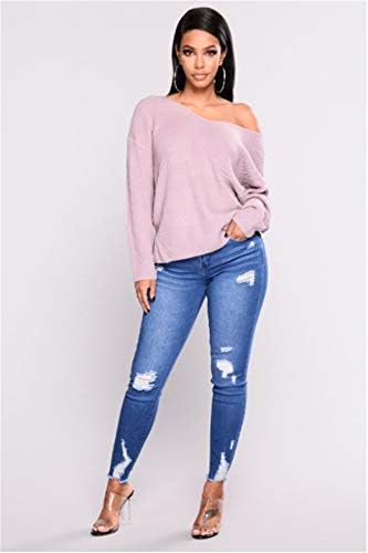 Andongnywell Women feminino Cintura Média Skinny Fit And Studted calça jeans Slim Fit Ripped Jeans com bolso com zíper