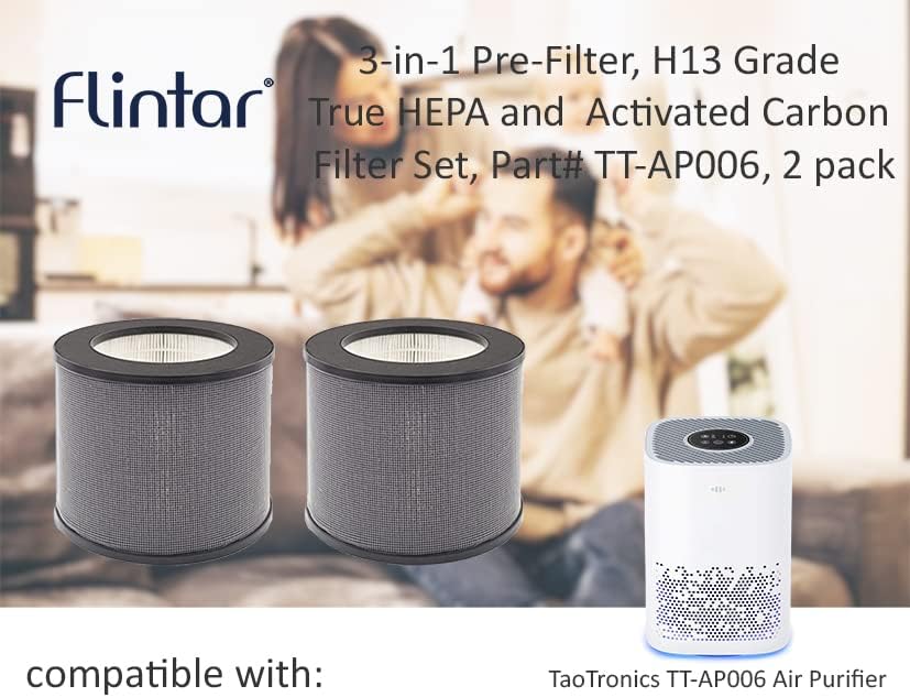 Flintar 2-Pack AP006 H13 Filtro de substituição HEPA True, compatível com o purificador de ar Taotronics TT-AP006, 3-em-1 pré-filtro, H13 Grade True Hepa e Conjunto de filtro de carbono ativado
