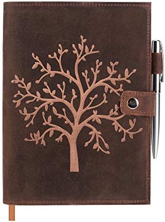 Caderno reabastecido de couro forrado de couro - árvore de vida em relevo, caderno de couro genuíno para homens e mulheres