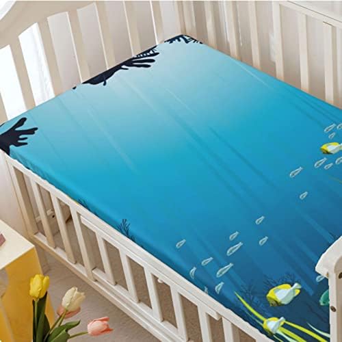 Mini -berço com tema oceano, lençóis de berço, lençóis portáteis de colchão de colchão para meninas para menino ou menino, 24 x38, azul escuro