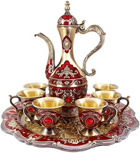 Café turco vintage e um conjunto de xícara, conjunto de panela de chá, incluindo bule, 6 xícaras de metal e bandeja de chá para decoração de mesa de chá, frasco de quadril, presente de casamento