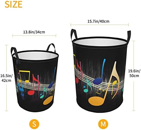 Colorido nota musical cesta de lavanderia redonda cesto de roupa com alça para o quarto banheiro lavanderia