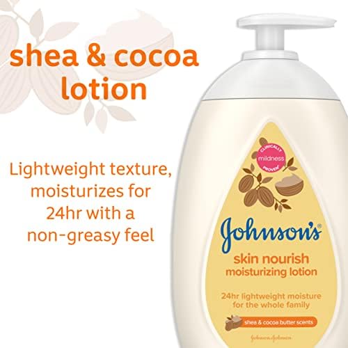 A pele de Johnson nutrirá a loção para bebês hidratantes para a pele seca com aromas de manteiga de karos e cacau, loção
