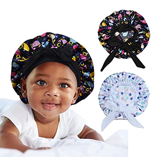 2pcs pacote de dupla camada capuz ajustável Baby Bonnet Kids Bonnet Setin Setin Silk Hair Bonnets para meninos meninos bebês de criança com tie Band Bow 6-12 meses