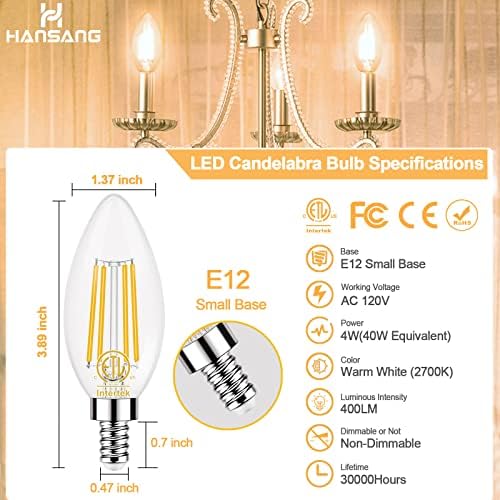 Hansang E12 LED Bulbo Candelabra 2700k Branco quente e 40W Lâmpadas equivalentes tipo B, forma de vela de 4W B11 LED BULBA PARA CHANDELIER, LED Filamento com vidro transparente, 120V, 400lm, 6 pacote, não-minúsculo