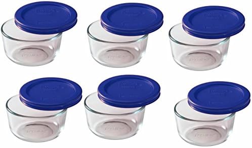 Armazenamento pyrex 1 xícara de prato redondo, limpo com tampa azul, pacote de 6 recipientes