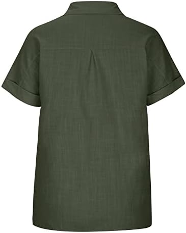 Camisas de linho de algodão para mulheres de verão casual de lapela sólida no topo da blusa de manga curta de manga curta
