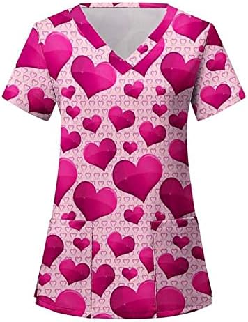 Summer Scrub_tops para mulheres em todos os corações Impressão enfermeira Vowarwear V Bloups de manga curta com bolsos