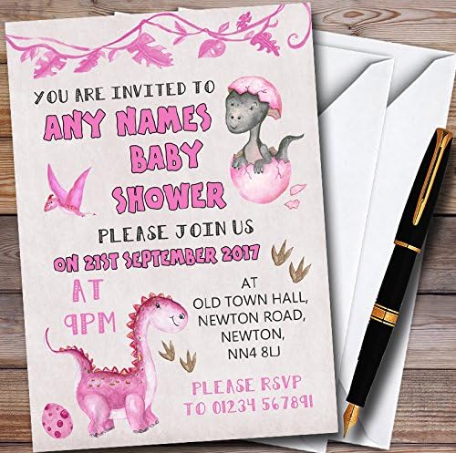Aquarela rosa Dinosaur Girl Convites personalizados do chá de bebê