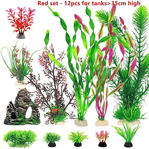 Plantas de aquário de Yizimona e Hideout Rock Tank Decorações de plástico decoração de 9 pedaços pequenos e grandes plantas falsas artificiais vermelhas 9