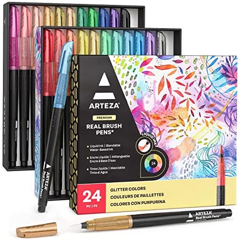 Canecas de escova real Arteza com glitter, 24 cores, canetas de aquarela misturáveis, tinta líquida, materiais de arte