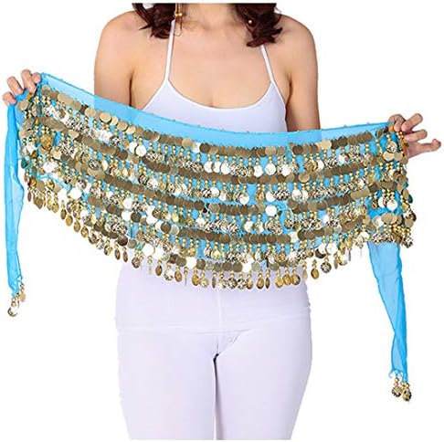 Wuchieal Belly Dance Hip Sconhas Chiffon Belly Dance Lenfra Belt Belt Belt Sash Salia com moedas de ouro