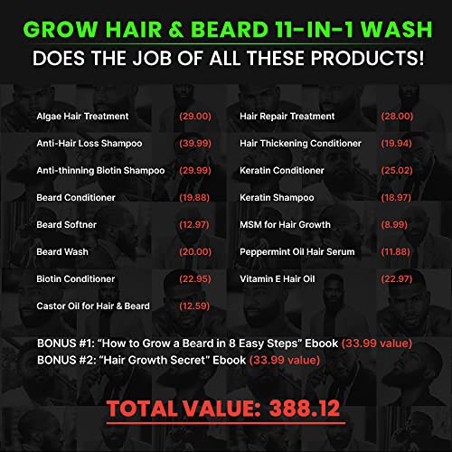 Grow Hair & Beard 11 em 1 Lavagem: shampoo, amaciante condicionador, biotina, óleo de mamona, óleo essencial de hortelã